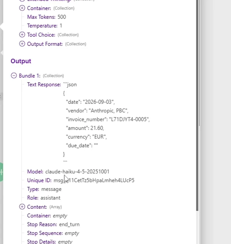Claude's output in Make, wrapped in a markdown code fence