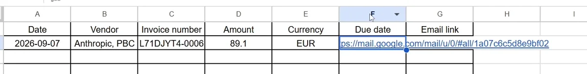 The same spreadsheet row after the fix, fully populated
