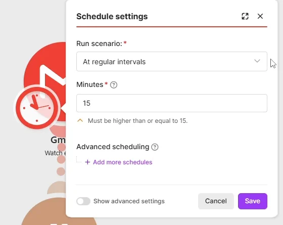 Make schedule settings on the free plan: minutes must be higher than or equal to 15