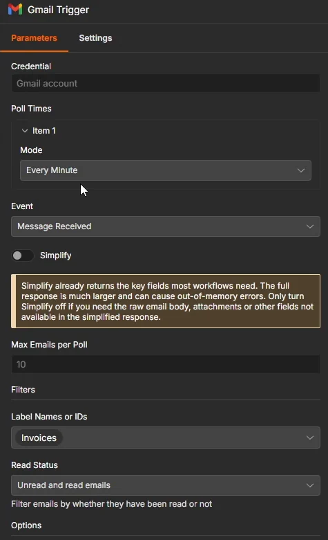 n8n Gmail Trigger settings: poll every minute, Simplify off, label Invoices, unread and read emails