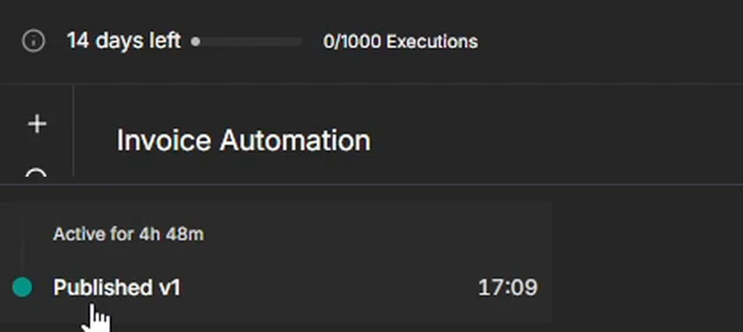 n8n after 4 hours 48 minutes active: 0 of 1,000 executions used