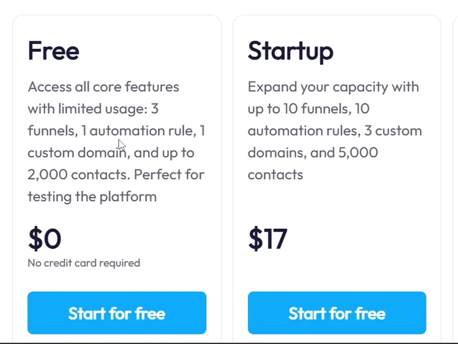 Systeme.io pricing: Free plan with 1 automation rule and 2,000 contacts, Startup plan at $17