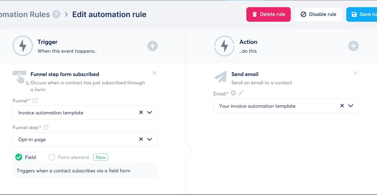 The Systeme.io automation rule: funnel step form subscribed, then send email